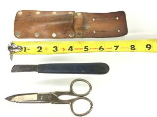 Vintage Wiss Bell System Lineman Steel Scissors & Knife With Leather Case
