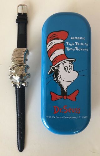 Dr.  Seuss Figural Cat In The Hat Adult Size Wrist Watch Metal Leather Strap