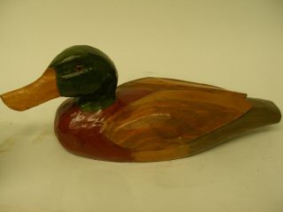 Vintage Hand Carved & Painted Wooden Decoy Mallard Duck Glass Eyes Wood 13 "