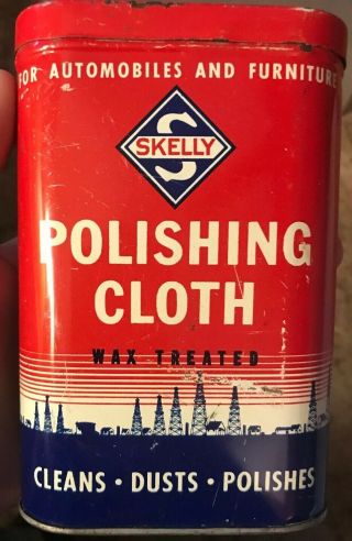 Vintage Skelly Oil Co.  Wax Treated Polishing Cloth Red Tin W/ Orig.  Cloth Rare