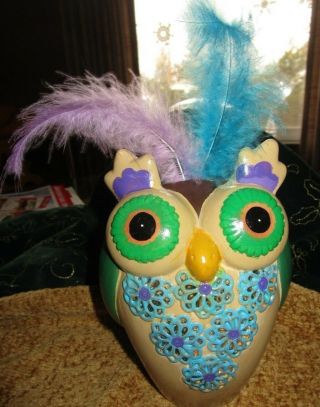 Owl - Ceramic - Decorative Spoon/pencil/knife Holder 9 X 6 X 4 Colorful Feathers