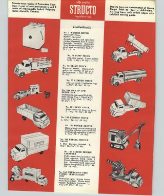 1958 Paper Ad 4 Pg Structo Toys Dump Truck Power Shovel Moving Van Bulldozer