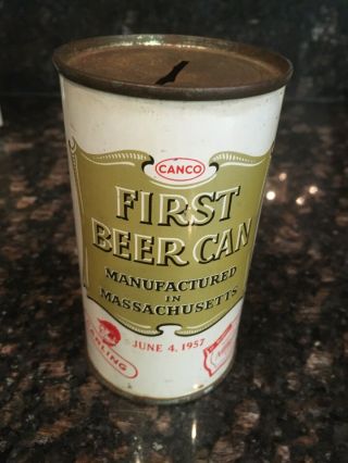 Flat Top Canco Commerative “first Beer Can” Bank 6/4/57 Massachusetts
