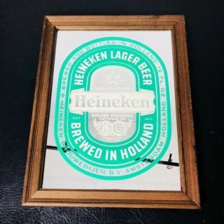Vintage 1970s Heineken Beer Mirror Bar Man Cave Advertising Framed