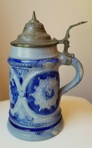 Vintage Stoneware German Beer Stein Flip Top 1/2l Cobalt Blue With Putti Figures