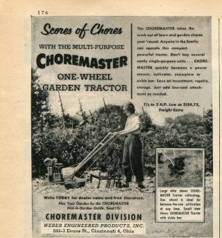 1953 Small Print Ad Of Weber Engineered Products Choremaster Garden Tractor
