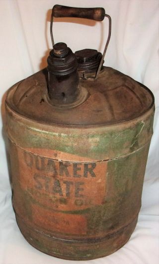 Vintage Quaker State Motor Oil Can 5 Gallon W/ Spout Lids Wood Handle &