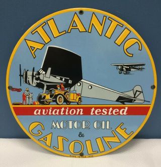 Vtg Atlantic Motor Oil & Gasoline Advertising Porcelain Pump Plate Sign 12”