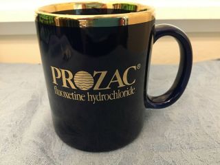Prozac Drug Pharmaceutical Cobalt Blue W/ Gold Trim Ceramic Mug Vgc