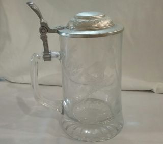 Vintage Clear Etched Glass Metal Lidded Beer Stein Birds & Trees Design Alwe