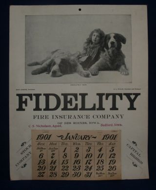 Antique Paper Lithograph Advertising Calendar Fidelity Fire Insurance Iowa 1901