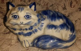 Vintage Blue And White Ceramic Porcelain Cat Figurine Hand Painted