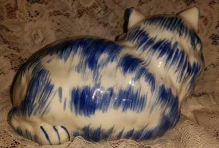 Vintage Blue and White Ceramic Porcelain Cat Figurine Hand Painted 2
