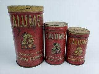 Set 3 Size Vintage Calumet Baking Powder Empty Tin Cans Indian Chief W/ Lids