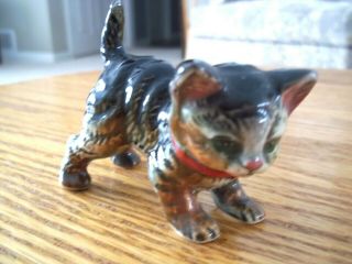 Vintage Porcelain Tabby Stripped Cat Figurine Red Bow Marked Nc