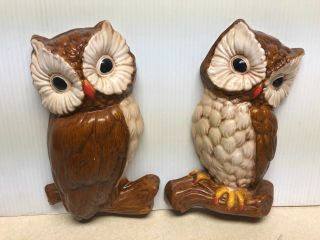 2 Vtg Owls Chalkware Wall Decor Hanging Plaques Chalk Ware Mid Century Mcm Large