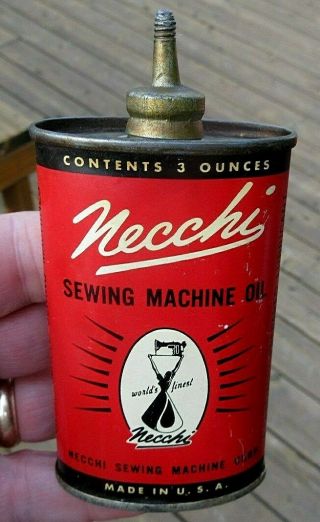 Vintage Lead Spout Necchi 3 Ounce Sewing Machine Oil Can,  Gun Oil Tin,  Shell Box