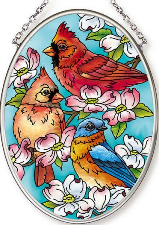 Amia Neighborhood Block Party Painted Glass Small Oval Suncatcher Cardinal Birds