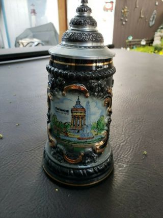 Vintage German Ceramic Beer Mug With Pewter Lid