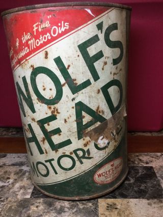 Vintage Antique Wolf’s Head Motor Oil Can 5 U.  S.  Quarts Can