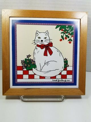 Rare Vintage 1983 Signed/dated Carol Gordon Framed Tile,  White Cat/red Bow,  Nib