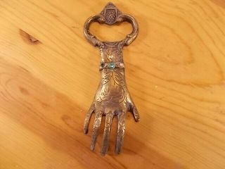 Vintage Brass Bottle Opener Hand With Ring And Bracelet With Stones 5 - 1/2 " Long