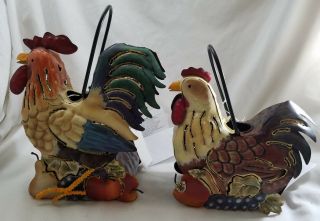 Home Interiors Rooster & Chicken Metal Votive Candle Holders Set Decor
