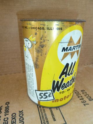 Vintage 55¢ Martin All Weather 10 - W - 30 Motor Oil Can Empty Quart Lqqk