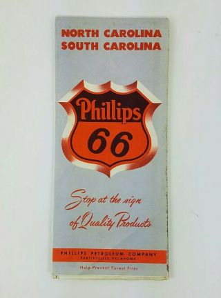 1958 Phillips 66 Gas Service Station Fold Out Map North Carolina South Carolina
