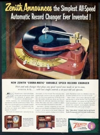 1950 Zenith Cobra Matic Record Changer Photo Vintage Print Ad