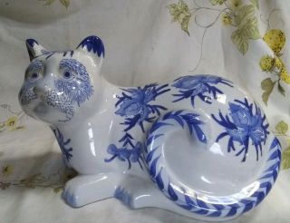Large Blue And White Porcelain/pottery Cat Statue 12 1/2 "