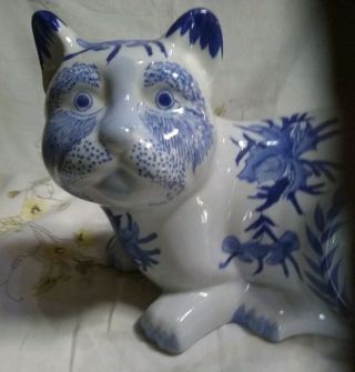 Large Blue and White Porcelain/Pottery Cat Statue 12 1/2 