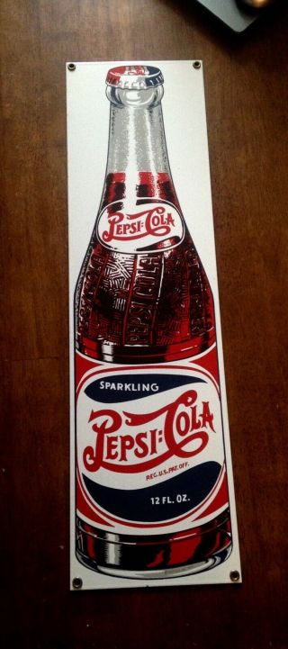 Pepsi Cola Bottle Soda Embossed Metal Tin Rectangular Sign Vintage 21 " X 6 "