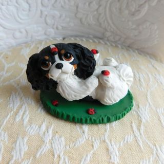 Tricavalier King Charles Spaniel Sculpture,  Dog Lover Ooak Clay Mini By Raquel