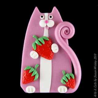 Pink Tuxedo Kitty Cat & Strawberries Summer Fun Pin - Swris