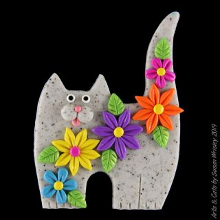 Standing Gray Speckled Kitty Cat & Colorful Spring Flowers Pin - Swris