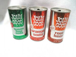 Vintage Jolly Good Root Beer,  Orange And Lemon Lime Soda Cans.  Wi.