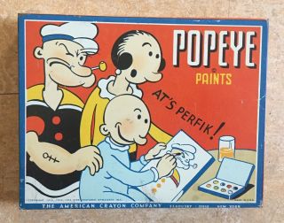 Vintage 1933 Popeye Paints Metal Tin American Crayon Co.  Olive Oyl Sandusky Ny