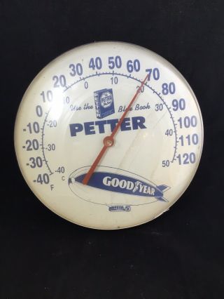 Vintage Peter Blue Book & Goodyear Round Aluminum Convex Plastic 12 " Thermometer