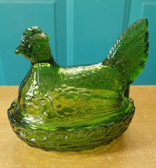 Vintage Green Glass Hen On A Nest