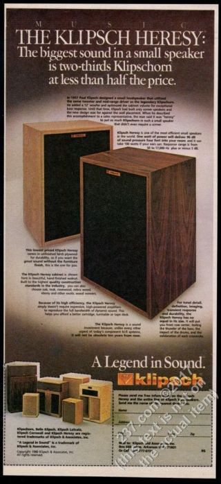 1980 Klipsch Heresy Stereo Speakers & Other Models Color Photo Vintage Print Ad