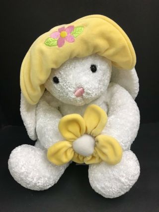 White Fiesta Plush Easter Bunny Rabbit Holding Flowe Vtg Stuffed Lovey Toy 13”