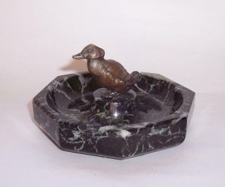 Antique/Vintage Cast BRONZE DUCK On MARBLE ASHTRAY Trinket Dish - Hunting 3
