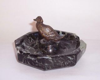 Antique/Vintage Cast BRONZE DUCK On MARBLE ASHTRAY Trinket Dish - Hunting 4