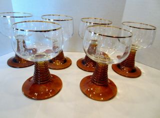 Vintage German Roemer Wine Glass Amber Beehive Stem Etched Goblet,  Etched