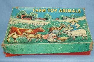 Vintage Mb Milton Bradley Color Lithographed Farm Toy Animals Fence Stands S42a