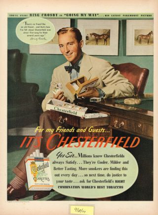 1944 Bing Crosby Chesterfield Cigarettes Vintage Laminated Ad Art