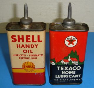 2 Oil Tins Texaco Home Shell Handy 4 Oz.  Lead Top