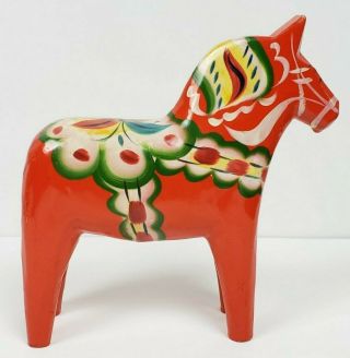 Vintage Swedish Dala Horse 7 " Nils Olsson Wooden Red Hand Painted Carved W Label