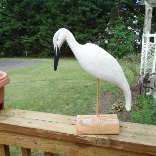 Hand Carved Wood White Egret On Stand 15 "